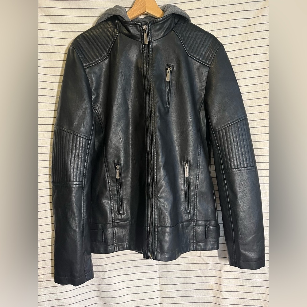 Men’s American Breed Black Leather Hooded Moto Jacket | Size M